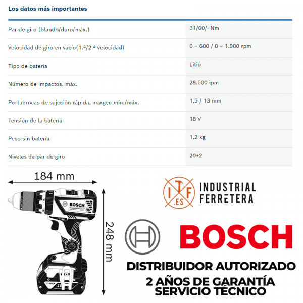 Taladro percutor batería Bosch GSB 18V-60 + 3 bat 5Ah + maletín y cargador